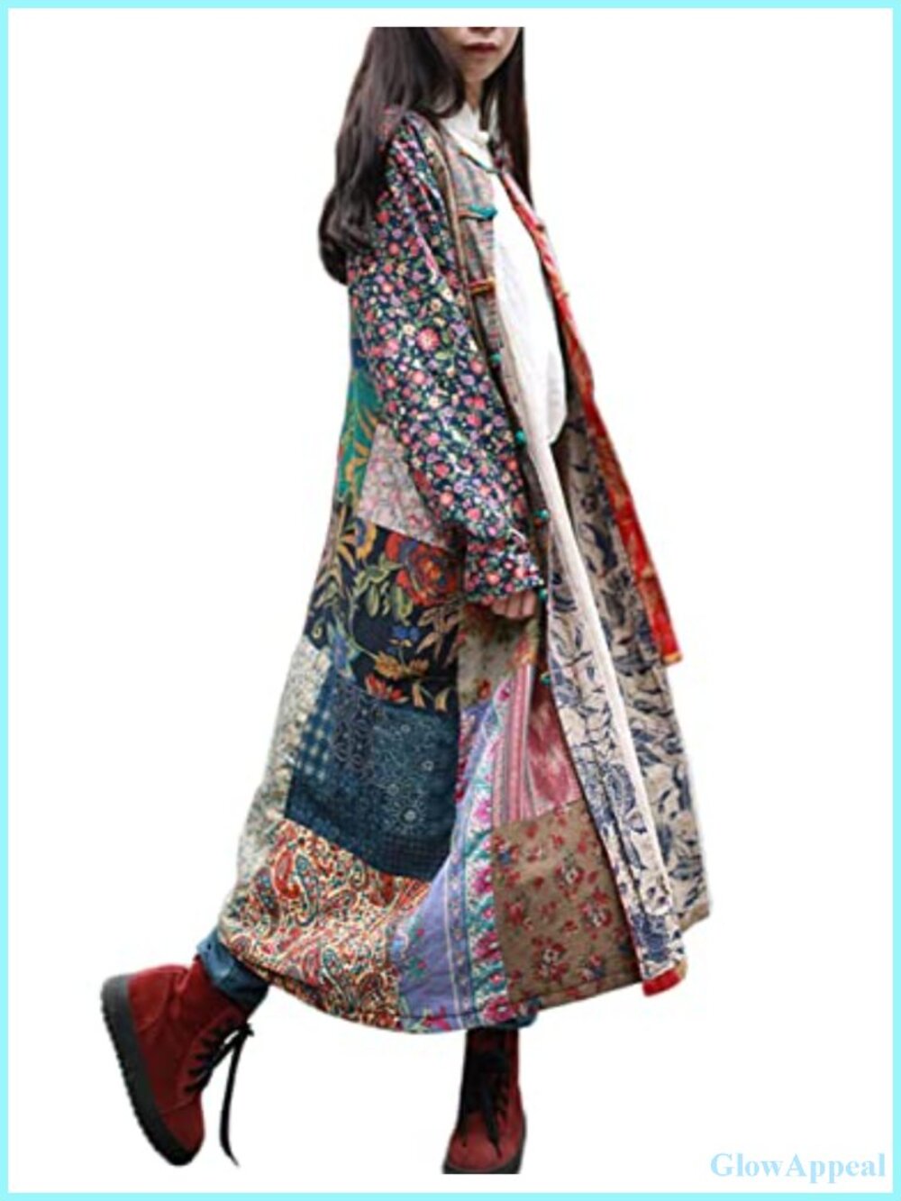 Floral Patchwork Cotton Linen Trench Coat Boho Duster Long Jacket